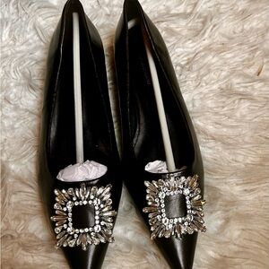 C.Paravano Black Crystal Buckle Pointed Toe Flats